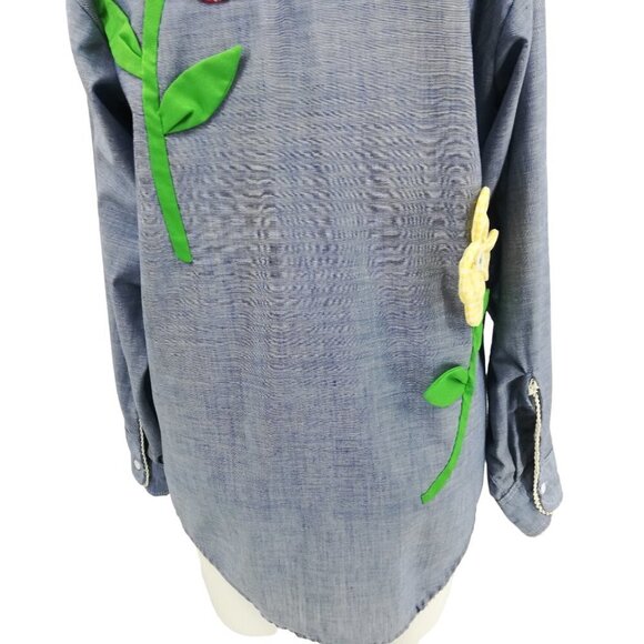 Vintage Applique Flower Chambray Button Front Shirt Size Mens Small Womens M/L - Picture 14 of 15